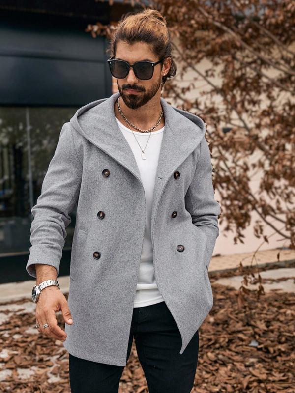 Men's Solid Double Button Pocket Hooded Woolen Coat, Regular Fit Casual Long Sleeve  Outerwear for Fall & Winter, Men's Clothes for Daily Wear