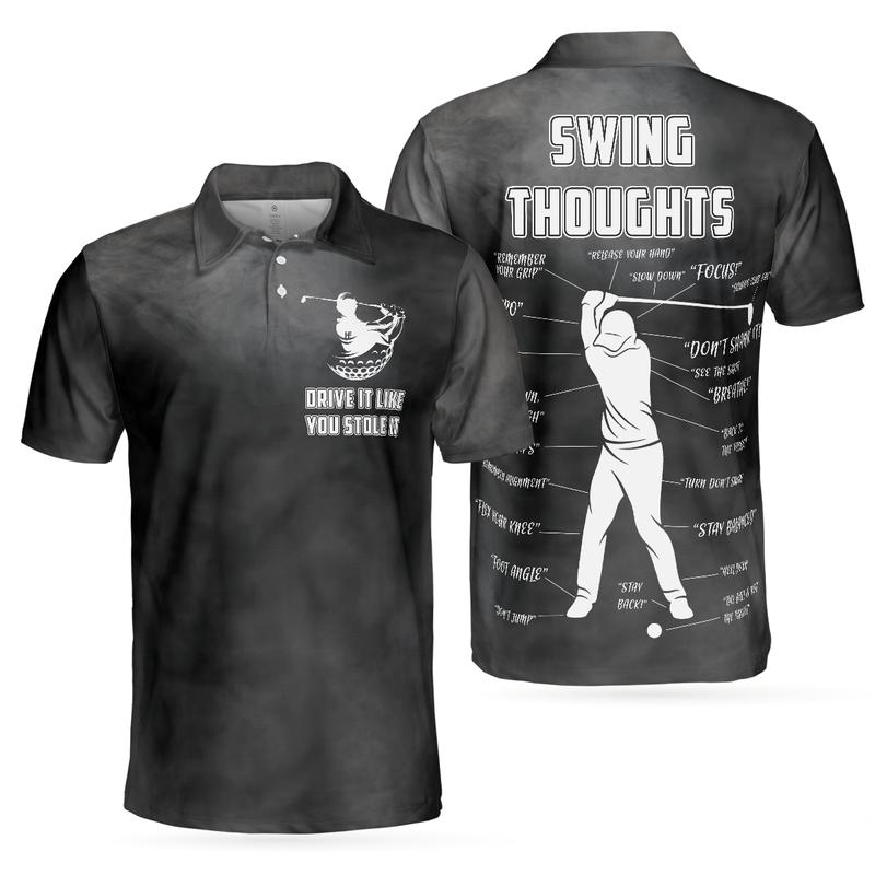 Swing Thoughts Short Sleeve Golf Polo Shirt, Black And Smoke Golfing Shirt, Funny Golf Shirt For Men