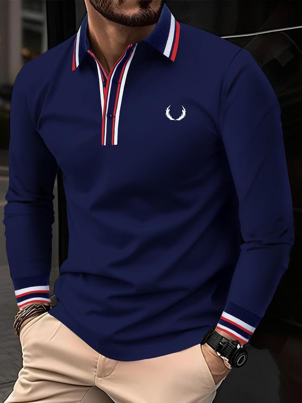 Men's Regular Fit Colorblock Striped Embroidery Polo Shirt, Casual Long Sleeve Button Front Top for Fall & Winter, Men's Clothes for Daily Wear