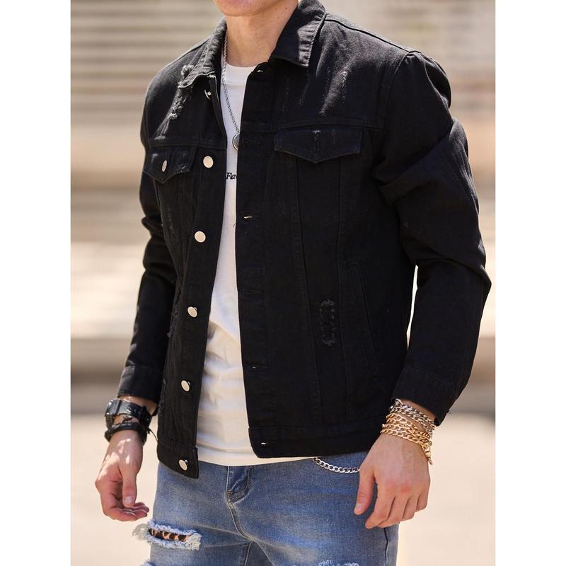 Men's Denim Jacket Streetwear Solid Slim Ripped Distressed  Male Casual Coat Menswear Tops  Long Sleeve Beige Plain  Collared Collar Longsleeves