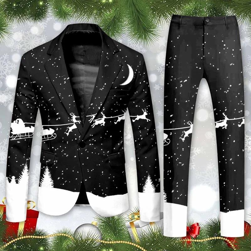 Blazer Men's Christmas 2 Piece Suit Set Snowflake Print Suit Jacket And Pants Set Slim Fit Xmas Party Wear Formal Suit For Men