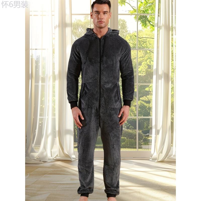 1 Pc Dark Gray Plush Men's Hooded Long Sleeve Jumpsuit Pajama - Cozy Relaxed Fit One-Piece Loungewear with Zipper Fabric Menswear