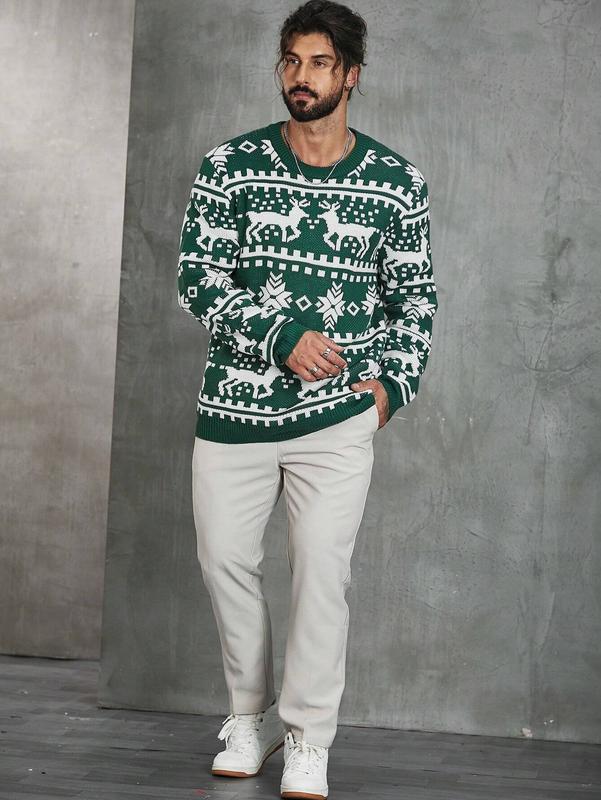 Mens Christmas Sweater Long Sleeve Elk Snow Pattern Casual Oversized Knit Pullover Tops Knitted Wear for Men Gift New Year Thanksgiving Day