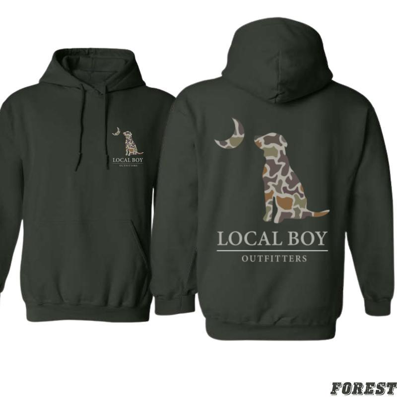 Local Boy Outfitters Hoodie, Classic Camouflage Dog Design Featuring Moon Graphics, Country Boy Clothing, Perfect for Outdoor Enthusiasts and Dog Lovers, T-Shirt, Sweatshirt, Hoodie, Gift for Him, Gift for Her Menswear Sweaters