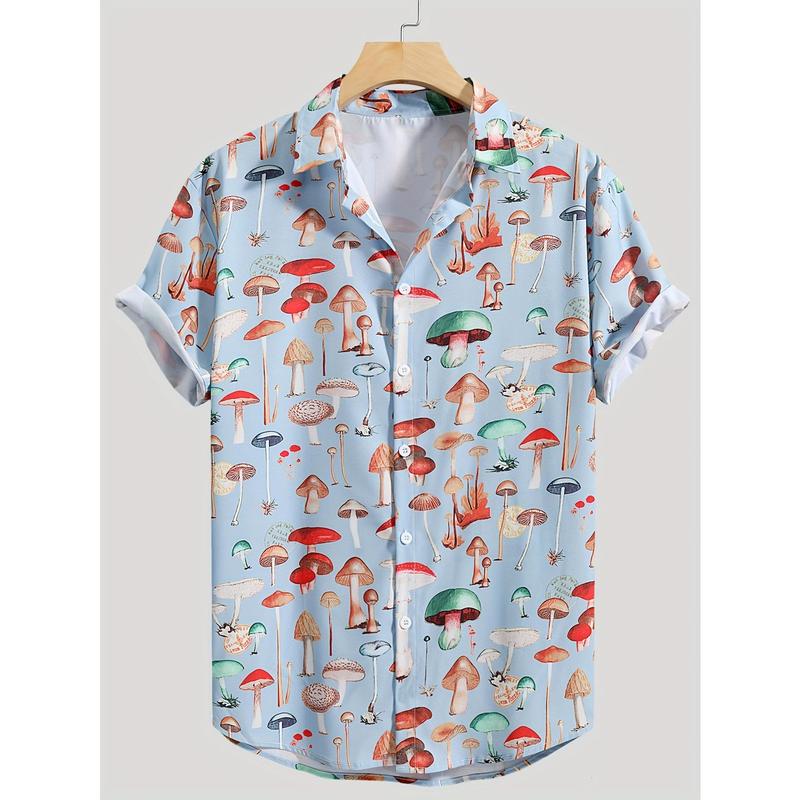 Cute Mushroom Print Casual Button Up Shirt, Men's Clothes For Spring Summer K-pop