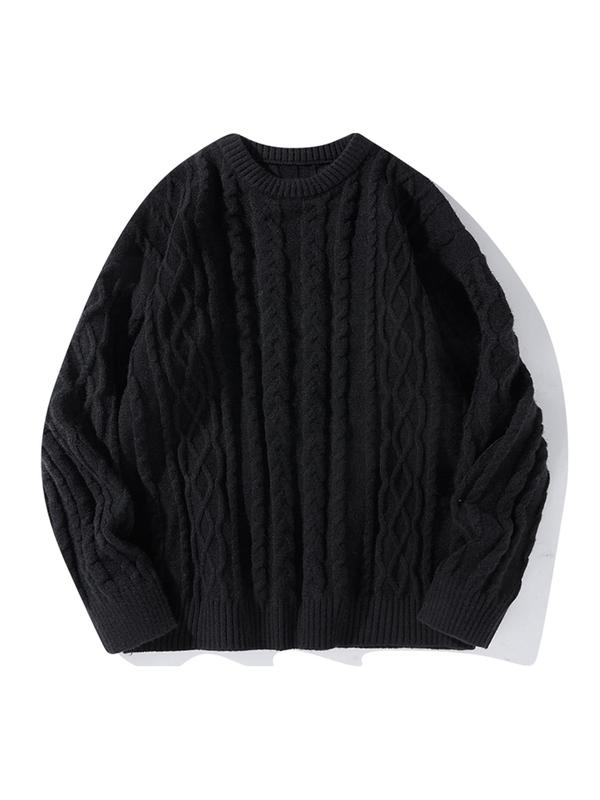 Men's Plain Round Neck Cable Knit Sweater, Loose Casual Long Sleeve Jumper for Fall & Winter, Men's Knitwear, Cozy Winter Outfits, Menswear