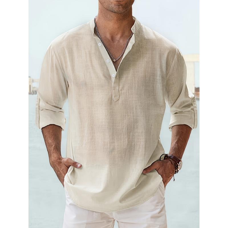 Casual All-match Men's Solid Long Sleeve Shirt With Button & Boat Neck, Spring Fall Outdoor