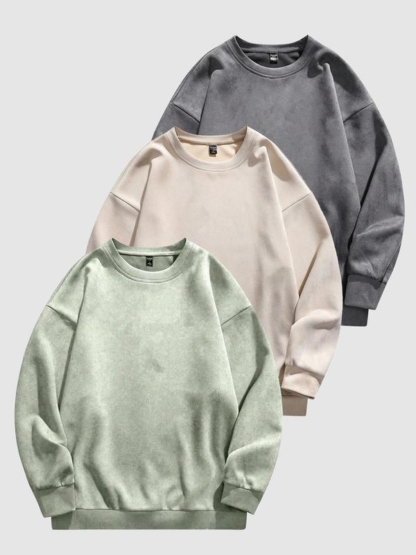 Men's Solid Drop Shoulder Suede Sweatshirts, Casual Cozy Regular Fit Long Sleeve Round Neck Pullover for Fall & Winter, Mens Clothing, Men's Clothes for Daily Wear