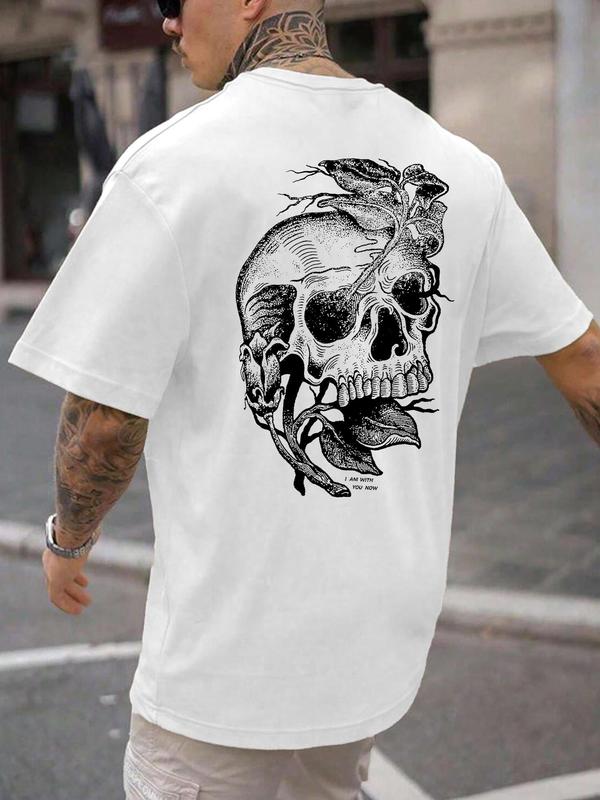 Unisex Regular Fit Skull & Leaf Print Round Neck Tee, Punk Street Soft Comfy Short Sleeve T-shirt for Daily Wear, Casual Men's Clothes for Summer