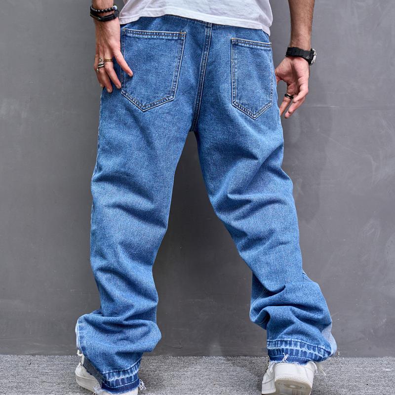 Stylish Loose Spliced Men Straight Jeans Pants Streetwear Motorcycle Male Casual Denim Trousers Menswear Underwear Human Beige Pocket Plain