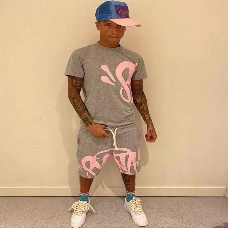 Aesthetic Male Gothic 2-Piece Set Hip Hop Letter Print 0 Collar T-shirt + Drawstring Wide Leg Shorts Suit Complex