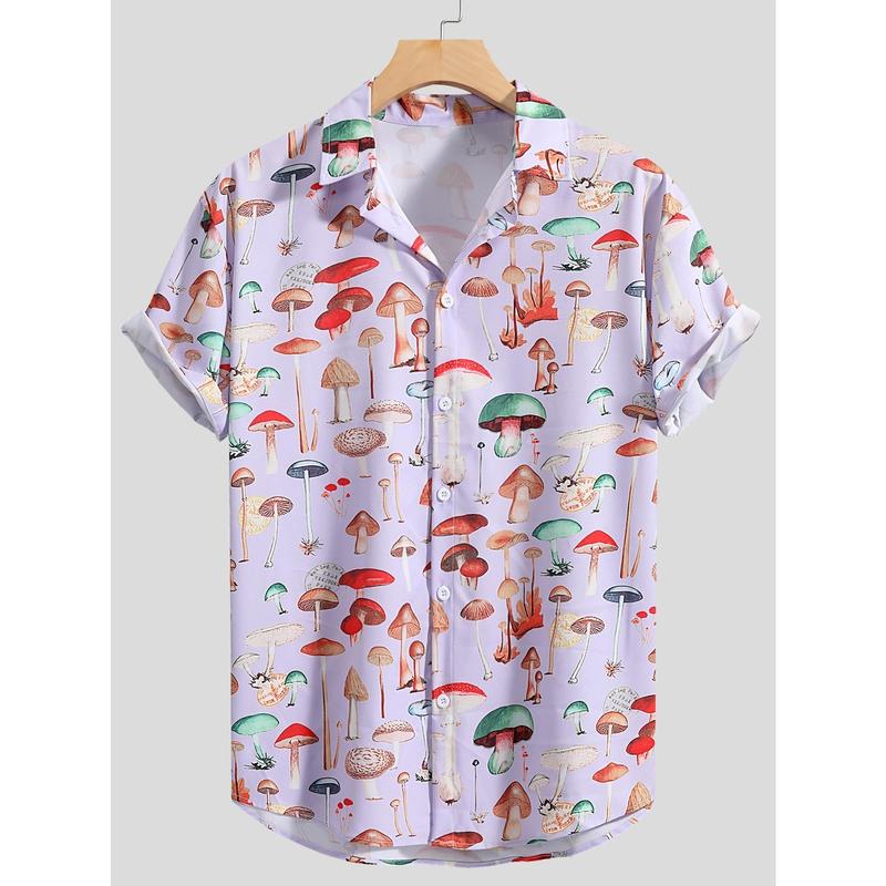 Cute Mushroom Print Casual Button Up Shirt, Men's Clothes For Spring Summer K-pop