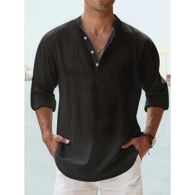 Casual All-match Men's Solid Long Sleeve Shirt With Button & Boat Neck, Spring Fall Outdoor