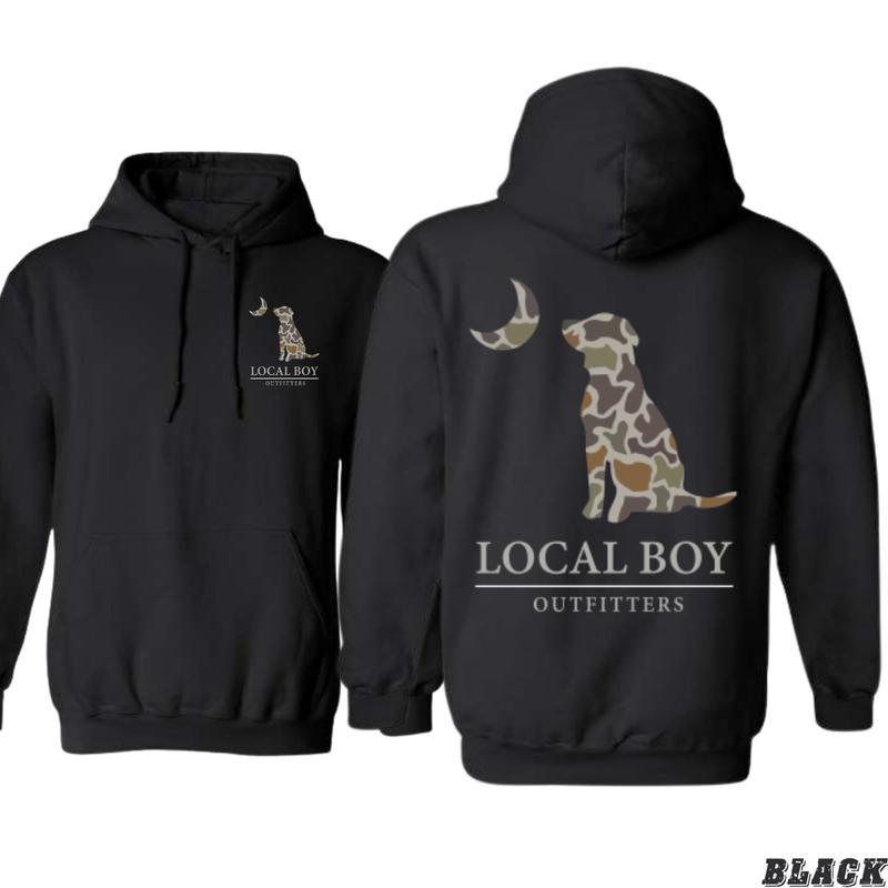 Local Boy Outfitters Hoodie, Classic Camouflage Dog Design Featuring Moon Graphics, Country Boy Clothing, Perfect for Outdoor Enthusiasts and Dog Lovers, T-Shirt, Sweatshirt, Hoodie, Gift for Him, Gift for Her Menswear Sweaters