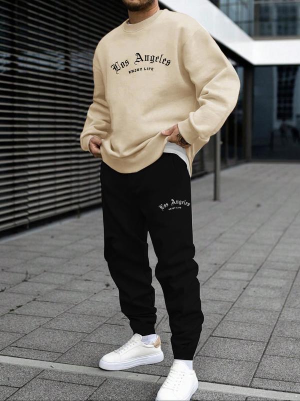 Two-Piece Set Men's Letter Print Sweatshirt & Pocket Sweatpants, Regular Fit Casual Round Neck Long Sleeve Pullover & Elastic Waist Trousers, Men's Two-piece Outfits for Fall & Winter