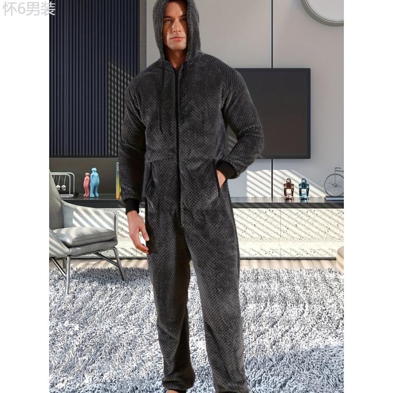 1 Pc Dark Gray Plush Men's Hooded Long Sleeve Jumpsuit Pajama - Cozy Relaxed Fit One-Piece Loungewear with Zipper Fabric Menswear