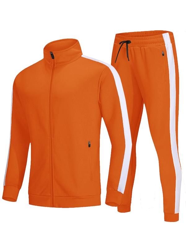 Two-piece Set Men's Colorblock Zip Up Jacket & Side Stripe Pants Tracksuit Set, Regular Fit Sporty Long Sleeve Stand Collar Outerwear & Drawstring Pocket Trousers, Men's Sweatsuit Set, Men's Sportswear for Indoor Outdoor Wear