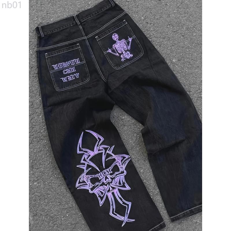 Men's Skull Embroidered Jeans, Casual Street Style Loose Jeans, Halloween Gift