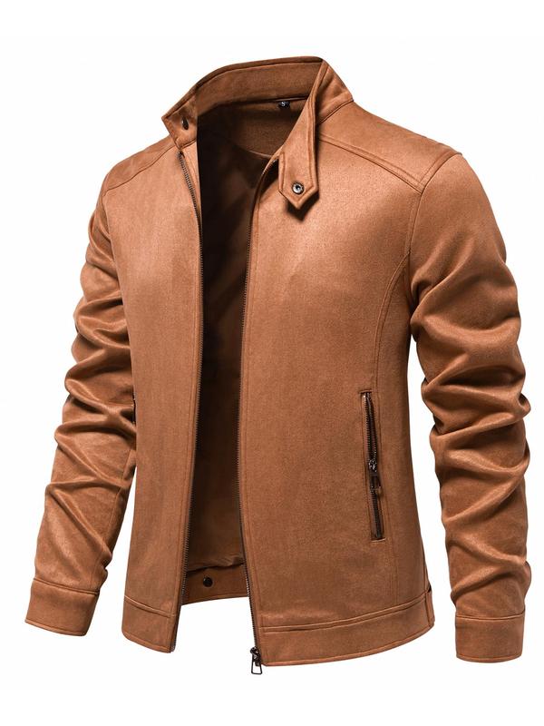 Men's Solid Pocket Zipper Suede Winter Jacket, Regular Fit Casual Long Sleeve Button Front Outerwear for Fall & Winter, Jackets for Men, Men's Clothes for Daily Wear