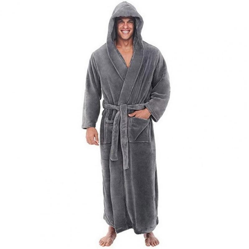 Autumn Winter Sleep Robe Men Hooded Bathrobe Thicken Fleece Belt Fluffy Highly Absorbent Male Bathrobe