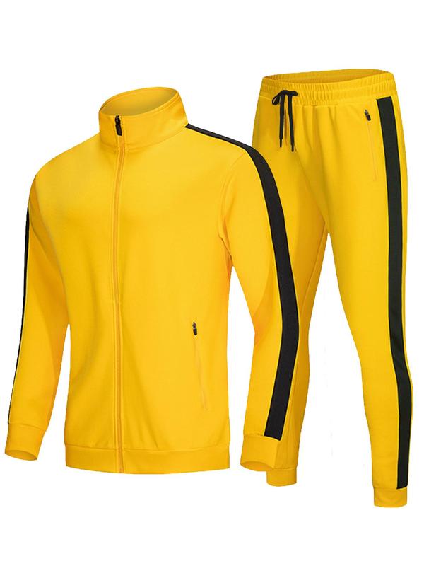 Two-piece Set Men's Colorblock Zip Up Jacket & Side Stripe Pants Tracksuit Set, Regular Fit Sporty Long Sleeve Stand Collar Outerwear & Drawstring Pocket Trousers, Men's Sweatsuit Set, Men's Sportswear for Indoor Outdoor Wear