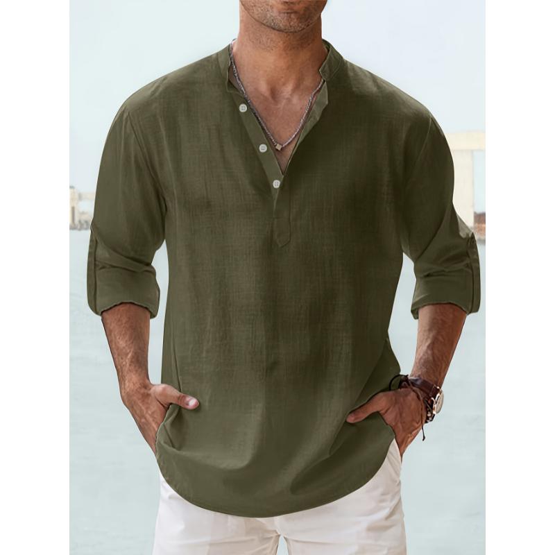 Casual All-match Men's Solid Long Sleeve Shirt With Button & Boat Neck, Spring Fall Outdoor