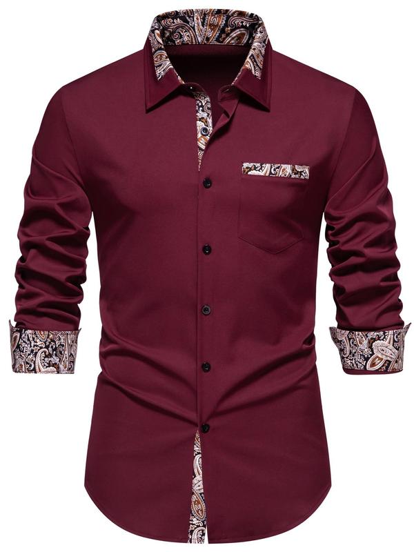 Men's Paisley Patchwork Print Button Front Shirt, Regular Fit Casual Pocket Collared Top, Fashion Men's Clothes for All Seasons