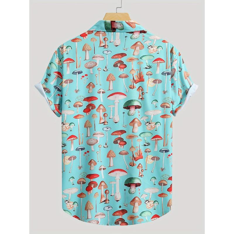 Cute Mushroom Print Casual Button Up Shirt, Men's Clothes For Spring Summer K-pop