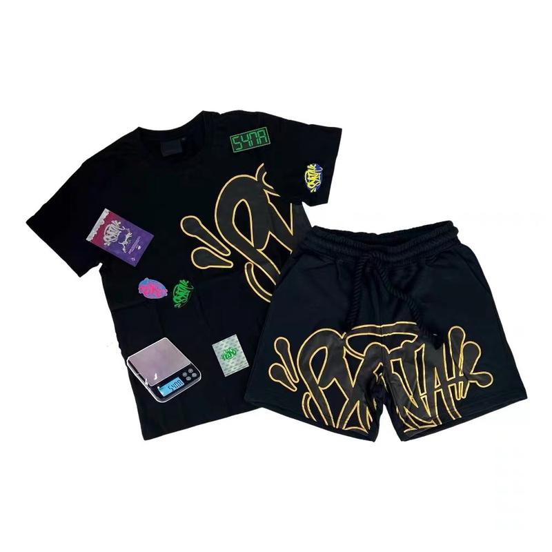 Aesthetic Male Gothic 2-Piece Set Hip Hop Letter Print 0 Collar T-shirt + Drawstring Wide Leg Shorts Suit Complex