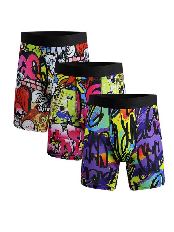 Men's All Over Pop Art Print Contrast Tape Boxer Briefs, Regular Fit Casual Comfy Breathable Underwear,  Underwear for Men,  Men's Underwear for All Seasons