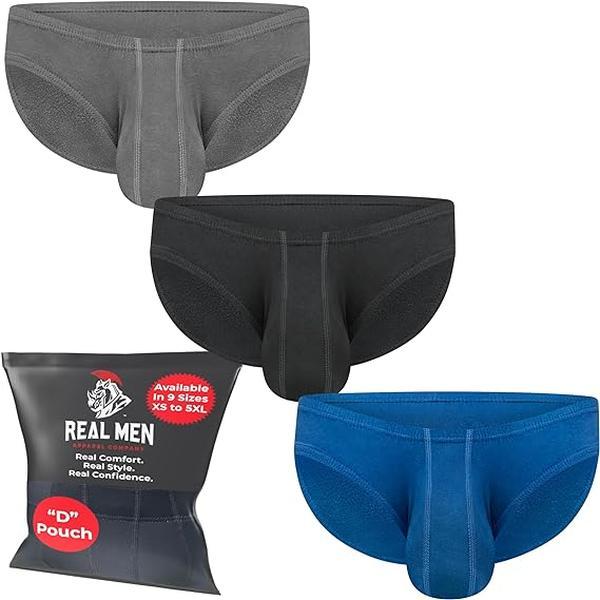 Real Men Ares-Accent Low-Rise Pouch Bikini Brief, D Pouch 3 Pack- Black Blue Grey Modal Menswear Soft Underwear Natural Low Waist Day