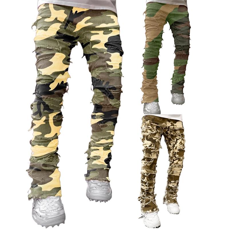 [Kirosag]Camo Jeans for Men Stretch Fit Skinny Stacked Ripped Destroyed Jeans Slim Fit Patch Denim Pants Fashion Streetwear cargo pants women