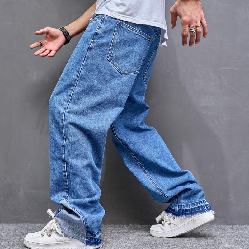 Stylish Loose Spliced Men Straight Jeans Pants Streetwear Motorcycle Male Casual Denim Trousers Menswear Underwear Human Beige Pocket Plain