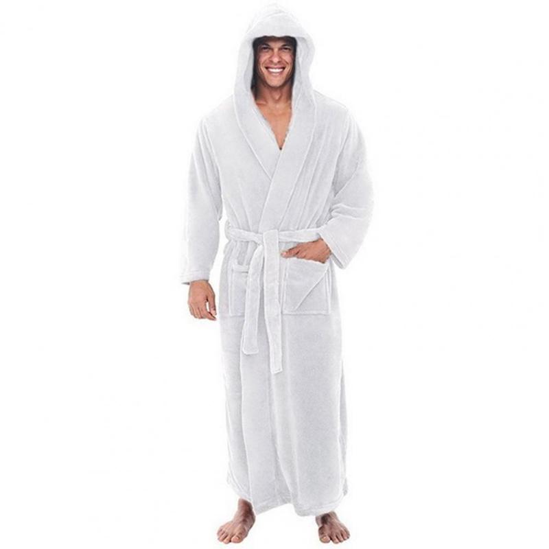 Autumn Winter Sleep Robe Men Hooded Bathrobe Thicken Fleece Belt Fluffy Highly Absorbent Male Bathrobe