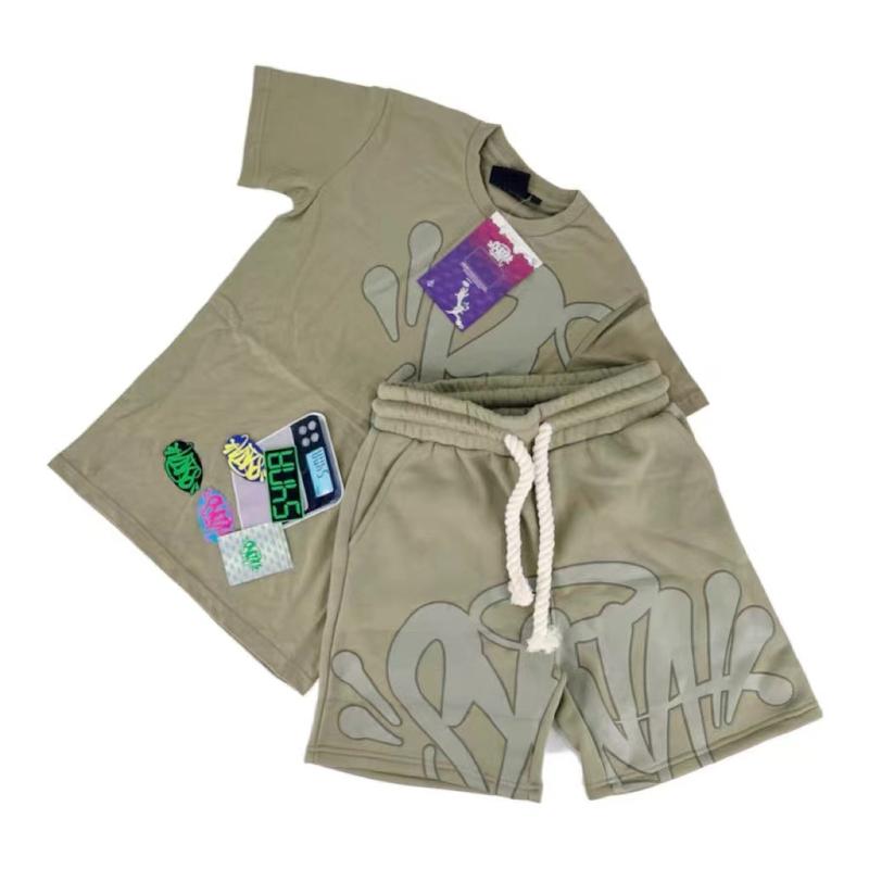 Aesthetic Male Gothic 2-Piece Set Hip Hop Letter Print 0 Collar T-shirt + Drawstring Wide Leg Shorts Suit Complex