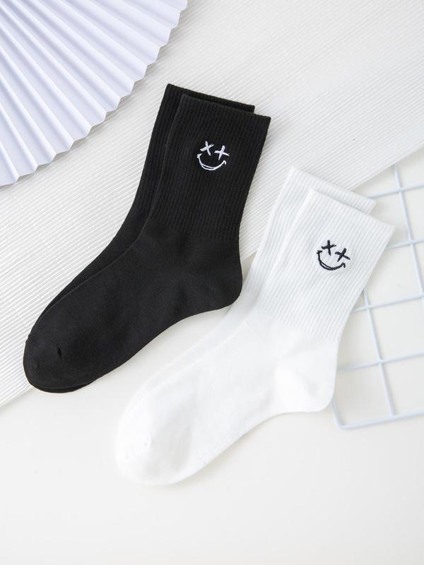 Men's 2 Pairs Smiling Face Print Crew Socks, Casual Comfortable Breathable Socks for Fall & Winter, Mens Stocking Stuffer, Men's Socks for Daily Wear