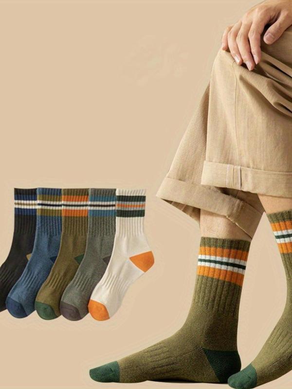 Men's Striped Print Crew Socks, Casual Comfy Breathable Sweat-absorbent Mid Calf Socks for Fall & Winter, Men's Socks for Daily Wear