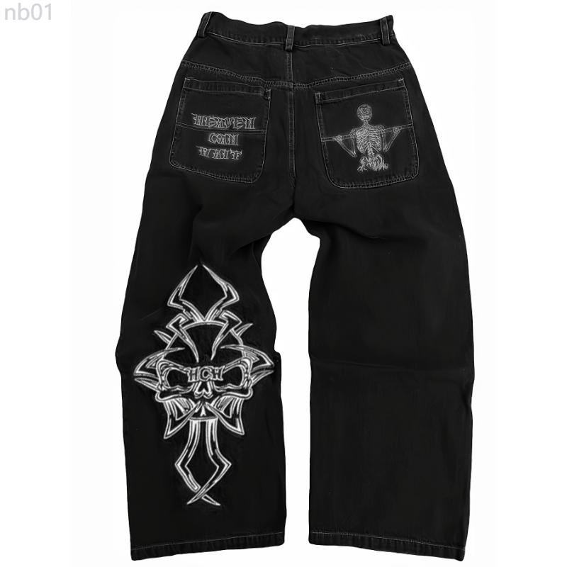 Men's Skull Embroidered Jeans, Casual Street Style Loose Jeans, Halloween Gift