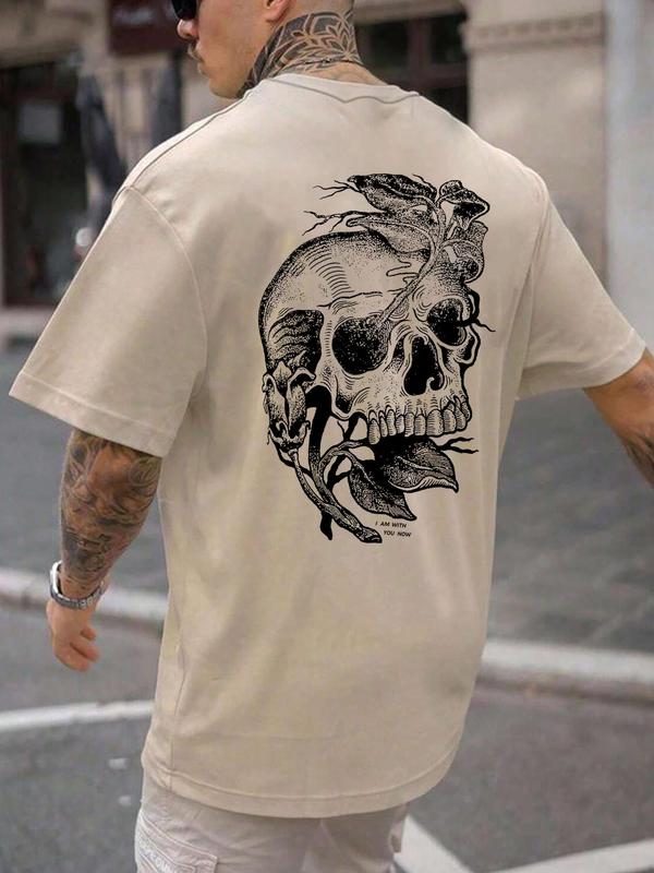 Unisex Regular Fit Skull & Leaf Print Round Neck Tee, Punk Street Soft Comfy Short Sleeve T-shirt for Daily Wear, Casual Men's Clothes for Summer