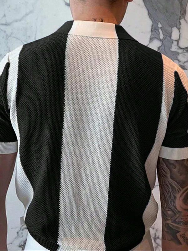 Men's Colorblock Button Front Lapel Neck Knit Top, Regular Fit Casual Short Sleeve Top for Summer, Men's Knitwear for Daily Streetwear, Men's T Shirts,  Summer Clothes, Summer Tops Men, Men's Clothing