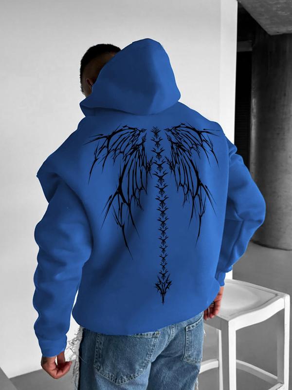 Men's Wings Skeleton Print Drop Shoulder Hoodie, Fashion Casual Regular Fit Drawstring Pocket Hooded Sweatshirt for Daily Holiday Outdoor Wear, Menswear for Fall