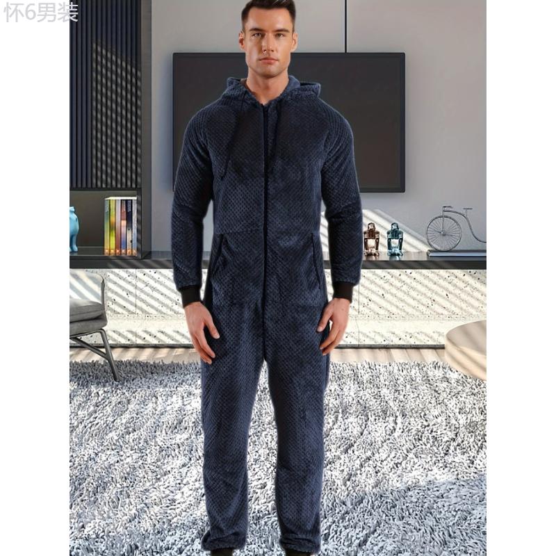 1 Pc Dark Gray Plush Men's Hooded Long Sleeve Jumpsuit Pajama - Cozy Relaxed Fit One-Piece Loungewear with Zipper Fabric Menswear