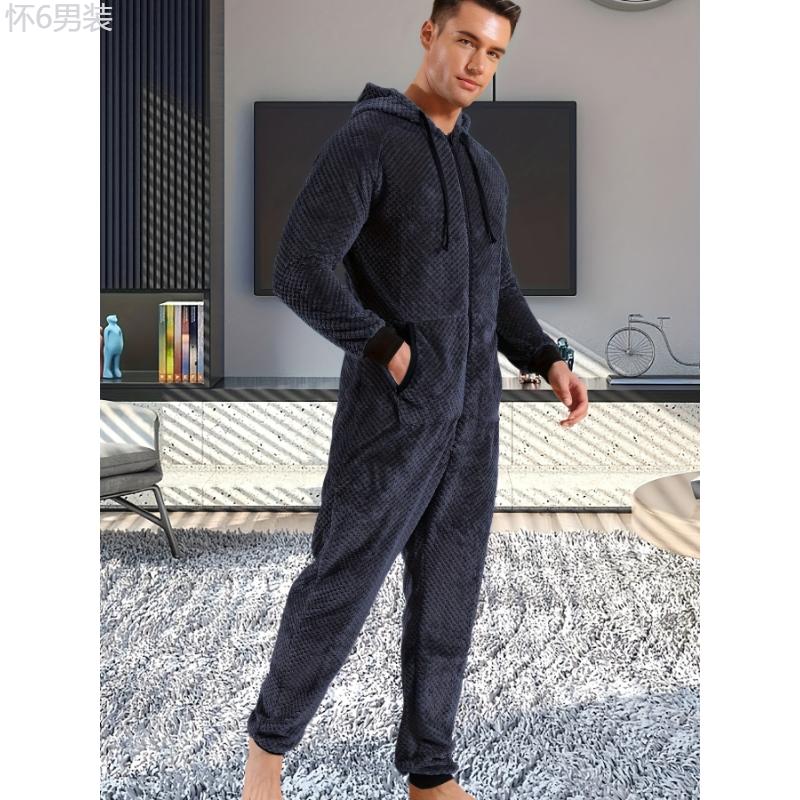 1 Pc Dark Gray Plush Men's Hooded Long Sleeve Jumpsuit Pajama - Cozy Relaxed Fit One-Piece Loungewear with Zipper Fabric Menswear