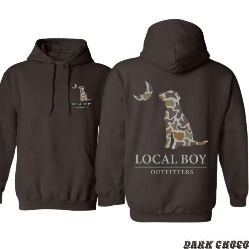 Local Boy Outfitters Hoodie, Classic Camouflage Dog Design Featuring Moon Graphics, Country Boy Clothing, Perfect for Outdoor Enthusiasts and Dog Lovers, T-Shirt, Sweatshirt, Hoodie, Gift for Him, Gift for Her Menswear Sweaters