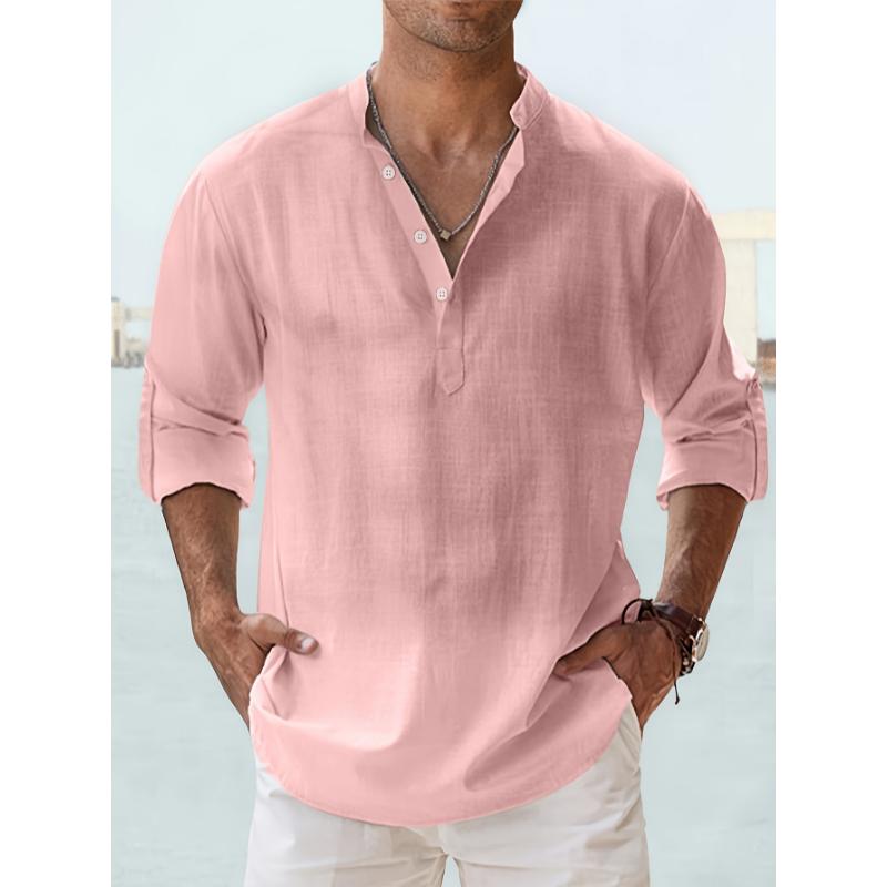 Casual All-match Men's Solid Long Sleeve Shirt With Button & Boat Neck, Spring Fall Outdoor