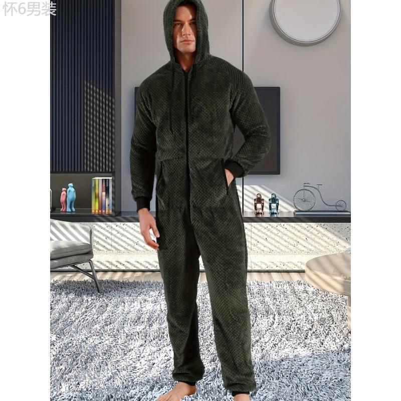 1 Pc Dark Gray Plush Men's Hooded Long Sleeve Jumpsuit Pajama - Cozy Relaxed Fit One-Piece Loungewear with Zipper Fabric Menswear