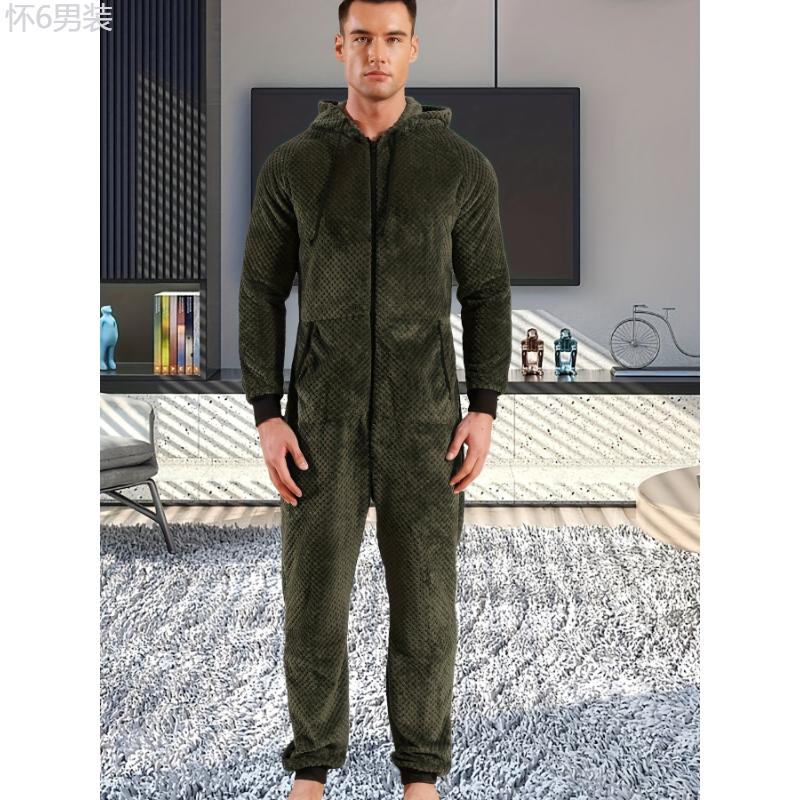 1 Pc Dark Gray Plush Men's Hooded Long Sleeve Jumpsuit Pajama - Cozy Relaxed Fit One-Piece Loungewear with Zipper Fabric Menswear