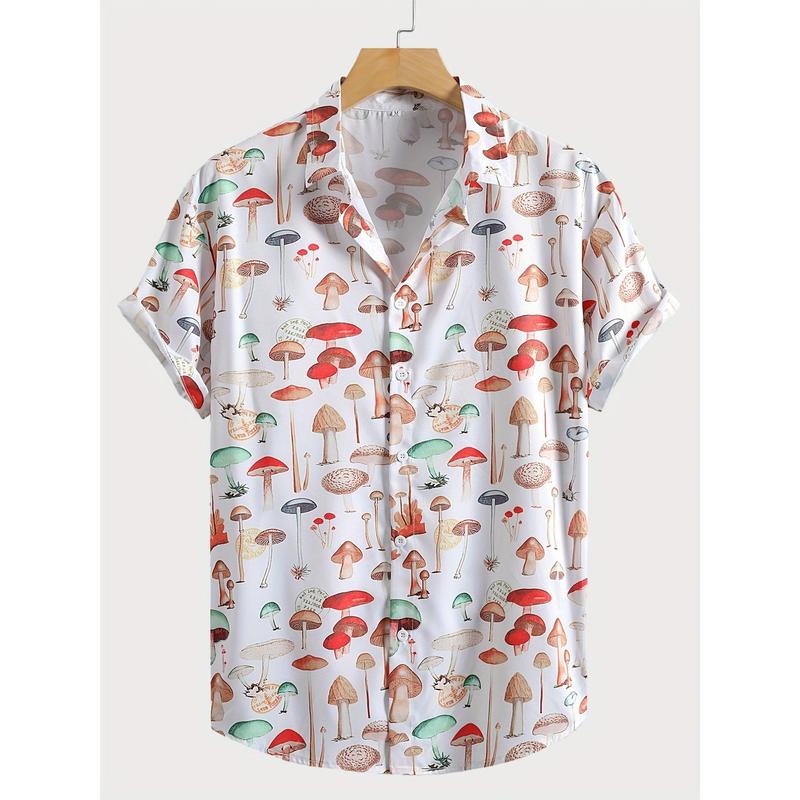 Cute Mushroom Print Casual Button Up Shirt, Men's Clothes For Spring Summer K-pop