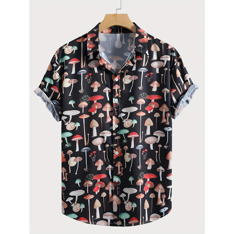 Cute Mushroom Print Casual Button Up Shirt, Men's Clothes For Spring Summer K-pop