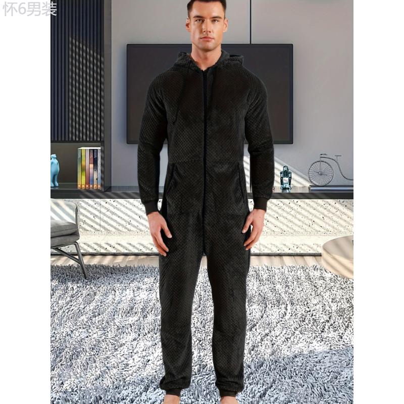 1 Pc Dark Gray Plush Men's Hooded Long Sleeve Jumpsuit Pajama - Cozy Relaxed Fit One-Piece Loungewear with Zipper Fabric Menswear